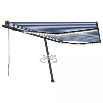 Copertină automată cu LED&senzor vânt, albastru&alb, 450x350 cm