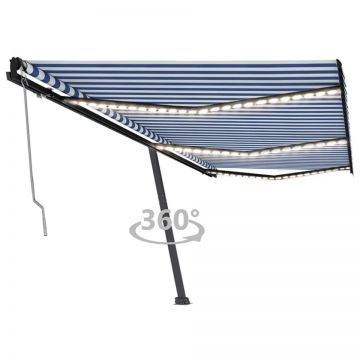 Copertină automată cu senzor vânt&LED, albastru/alb, 600x350 cm