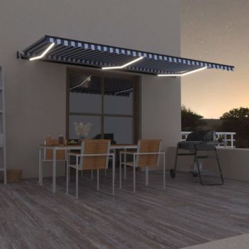 Copertină automată cu senzor vânt&LED, albastru/alb, 600x350 cm