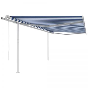 Copertină retractabilă automat cu stâlpi, albastru&alb, 4x3,5 m
