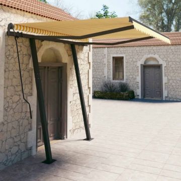 Copertină retractabilă automat cu stâlpi, galben&alb 3,5x2,5 m