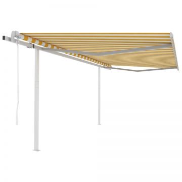 Copertină retractabilă automat, cu stâlpi, galben&alb, 4x3,5 m