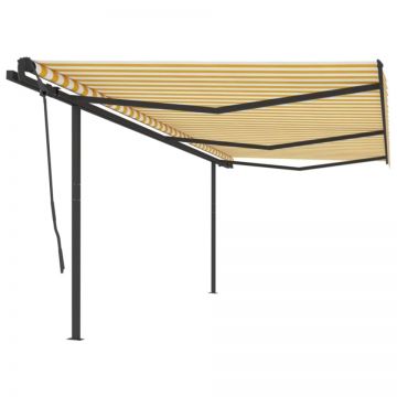 Copertină retractabilă automat, cu stâlpi, galben&alb, 6x3,5 m