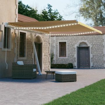 Copertină retractabilă manual cu LED, galben și alb, 450x300 cm