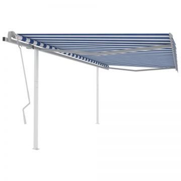 Copertină retractabilă manual cu stâlpi, albastru&alb, 4x3,5 m