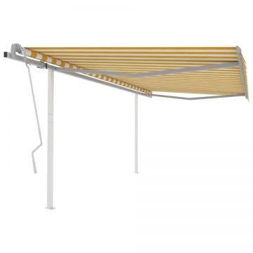 Copertină retractabilă manual cu stâlpi, galben și alb, 4x3,5 m