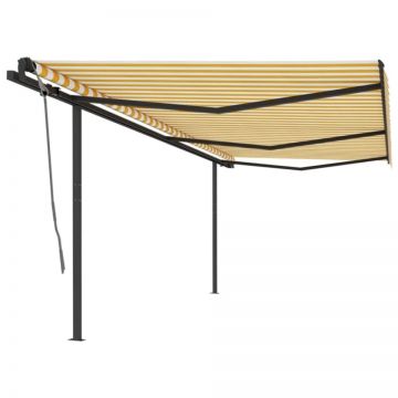 Copertină retractabilă manual cu stâlpi, galben și alb, 6x3 m