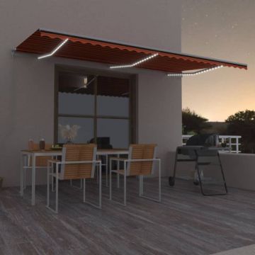 Copertină retractabilă manual, LED, portocaliu&maro, 600x300 cm