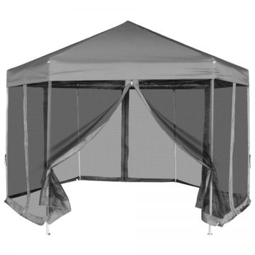 Marchiză hexagonală pliabilă, 6 pereți laterali, gri, 3,6x3,1 m
