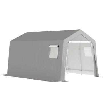 Outsunny Cort de Depozitare Exterior 3 x 4,5 m, tente de depozitare impermeabilă și anti-UV, ușă înrolabilă, ferestre, gri | Aosom Romania